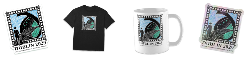 A fridge magnet, black t-shirt, white mug and holographic sticker, all with the Dublin 2029 bid logo on them
