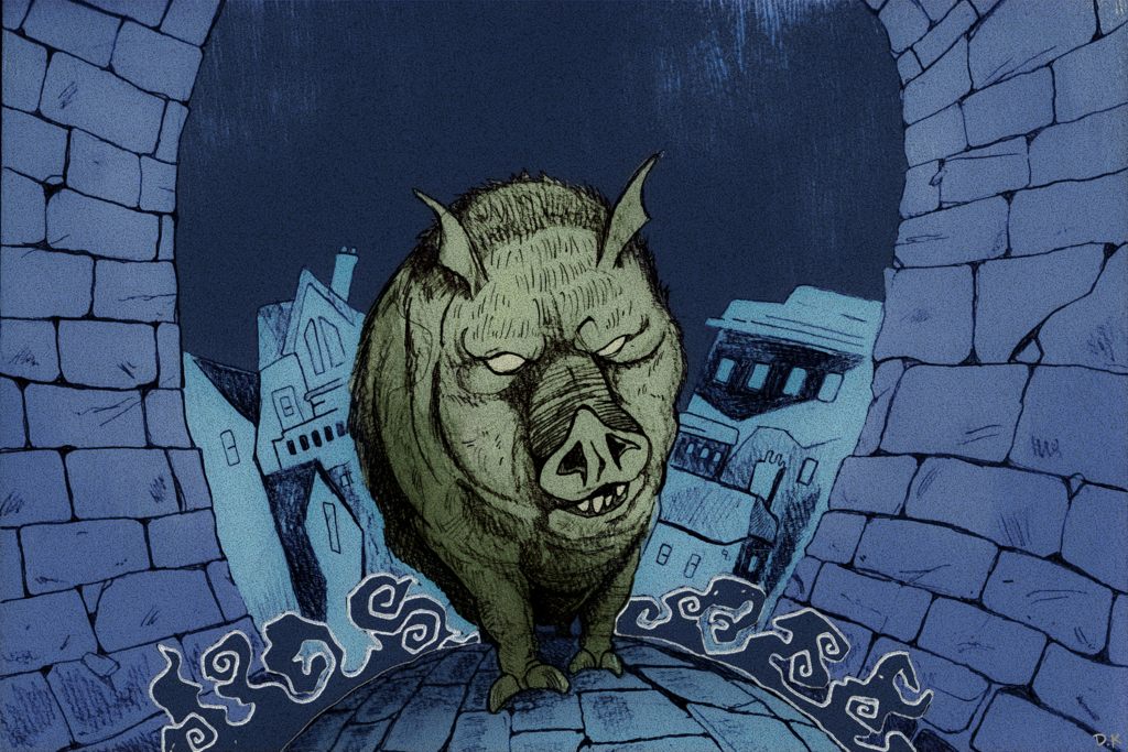 A large, evil looking pig in 18th century streets.
