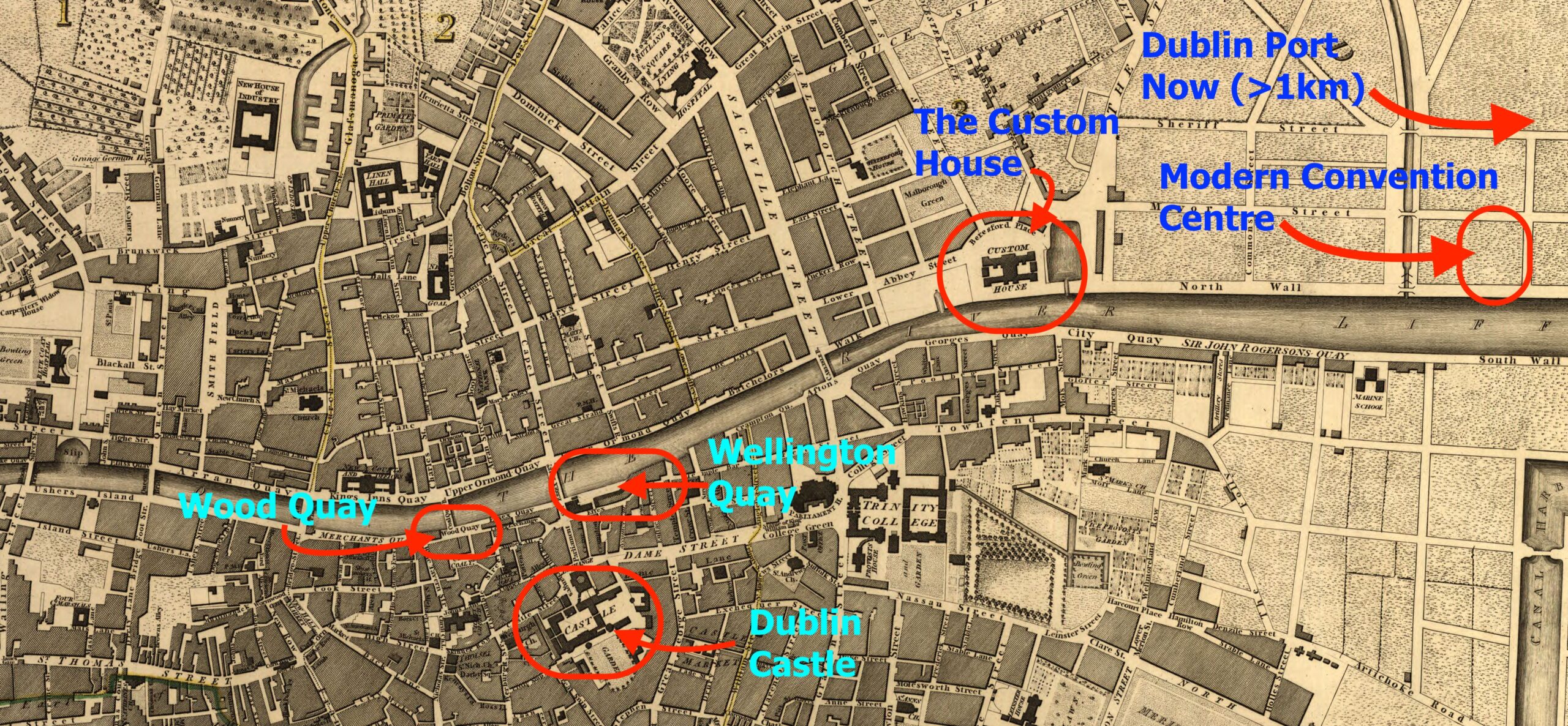 A map of Dublin from 1797, showing the location of places discussed in the text.
