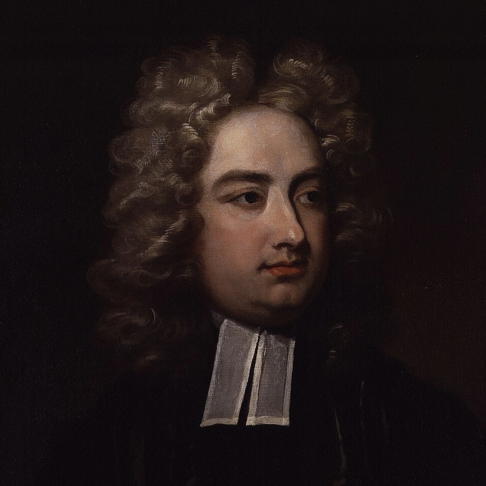 Portrait painting of a young man in 17th Century clerical garb with a big head of curly hair.