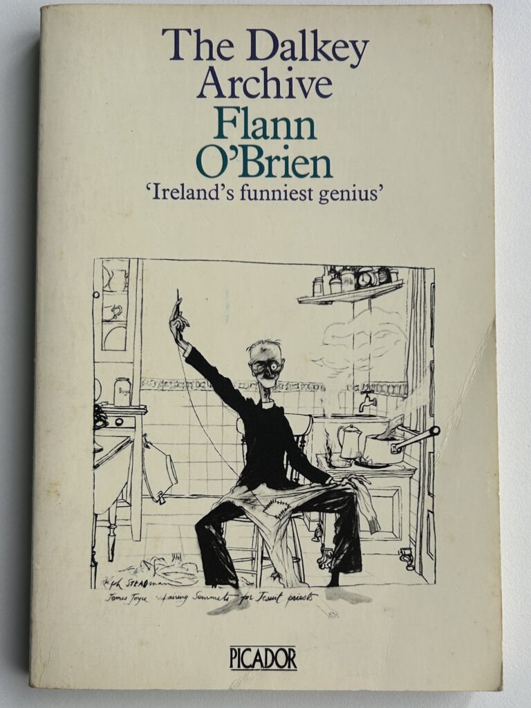 The cover of 'the Dalkey archive' by Flann O Brien. The image on the cover is a pencil drawing of an old man in clerical garb sitting in a kitchen and sewing patches on a garment. The man looks like James Joyce.