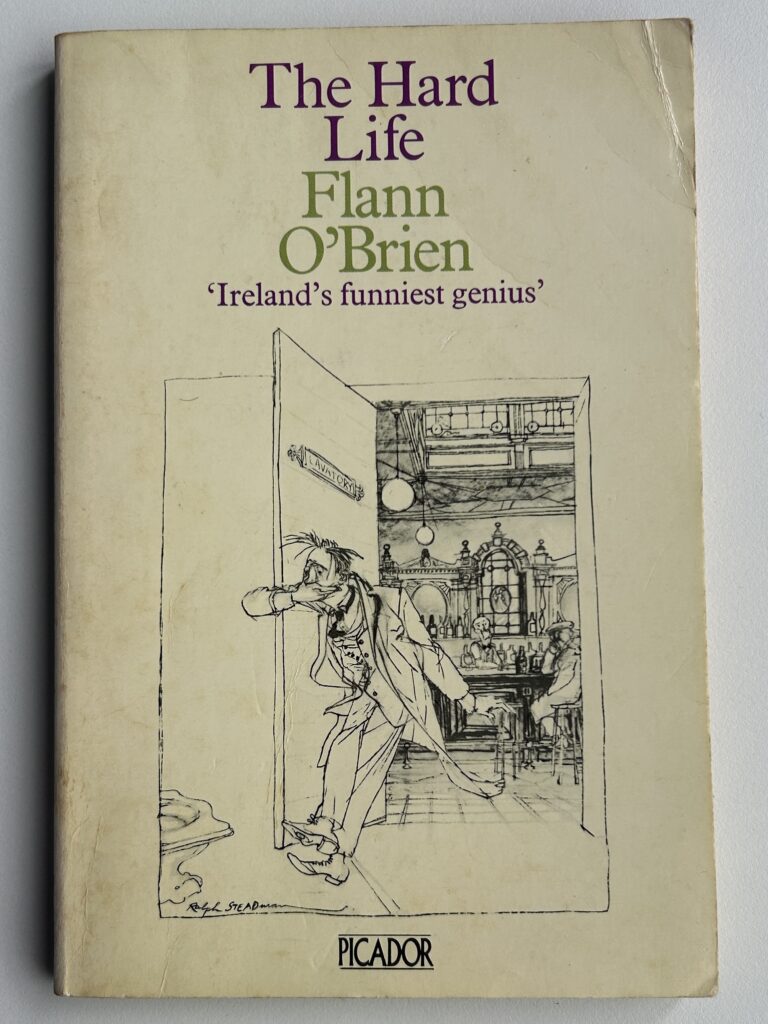 The cover of 'the hard life' by Flann O Brien. The image on the cover is a detailed pencil drawing of a young man rushing out of a pub holding his mouth.