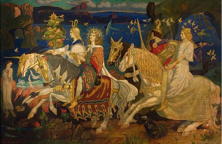 An image of several godlike people, wielding swords and lances, on horseback.