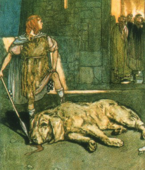 A painting of a young warrior kneeling by a large dog he has just slain. A crowd of older men are looking out at him from a feasting hall.