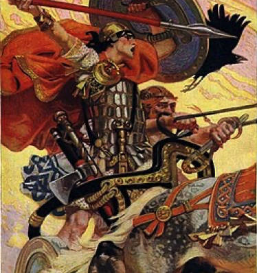 A stylised image of a warrior weilding a shield and spear, standing in a chariot being driven by a second, smaller man.